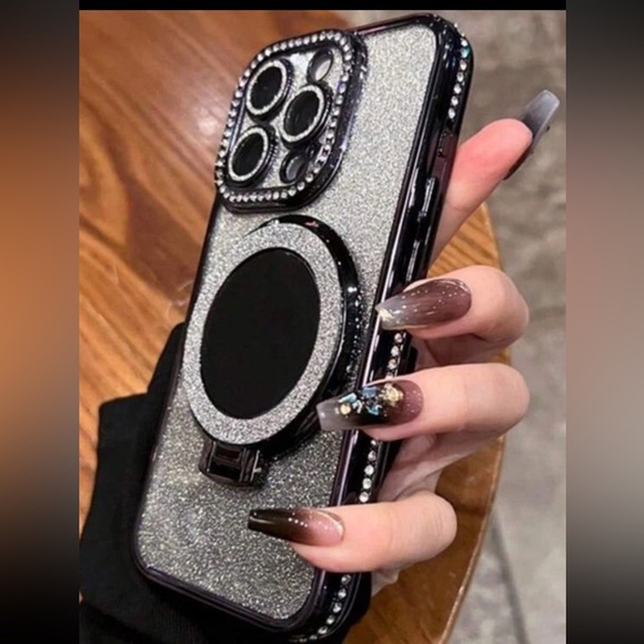 Black Glitter iPhone 14 Pro Max Case with Ring Holder - Picture 3 of 7